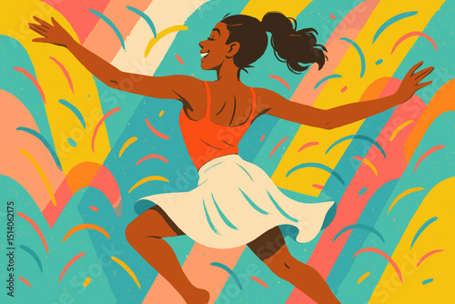 Energetic Woman Dancing with Joyful Flair. Celebration of Freedom, Happiness, and carefree movement. Expressive dance in vivid colors. Positive energy and festive mood.