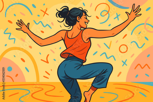 Joyful woman dancing with vibrant energy, retro style illustration of a happy girl in motion. Celebration, freedom, and happiness concept. Party atmosphere with colorful abstract background.