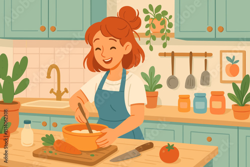 Joyful Chef in Pastel Kitchen Mixing Bowl. Healthy Meal Prep with Fresh Vegetables, Herbs. Home Cooking, Culinary Arts, Happy Lifestyle. Wholesome Food, Delicious Recipe Creation