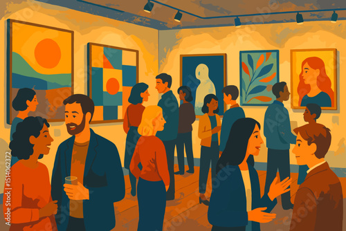 Art Gallery Gathering: Diverse people viewing modern paintings at an exhibition. Social event, cultural experience, museum visitors discussing contemporary artworks. Art appreciation and community.