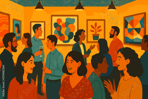 Art Gallery Opening Night, Modern Artworks Display, People Admiring Paintings, Cultural Event, Elegant Crowd, Contemporary Art Scene, Art Collectors, Artists, Celebration
