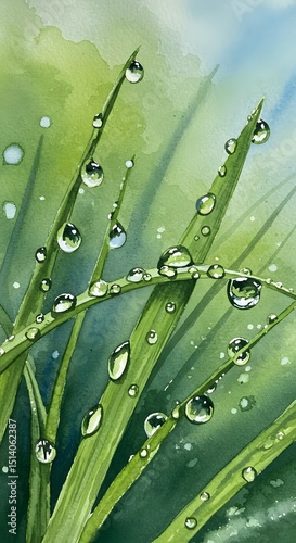 Dewdrops on vibrant green grass
