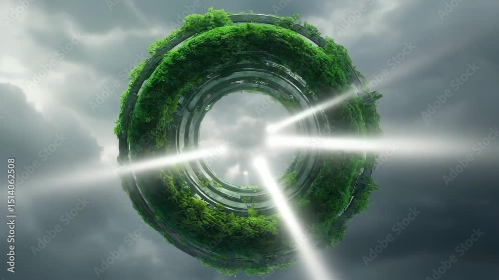 Futuristic green ring structure with lush foliage emitting light beams in a cloudy sky