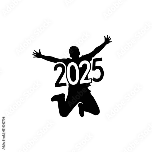 Silhouette of a person jumping in celebration of 2025  