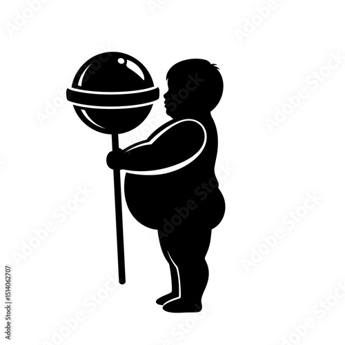 Silhouette of a chubby child holding a giant lollipop  