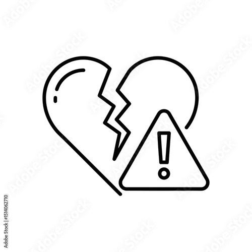Broken heart with warning symbol in minimalist vector style  