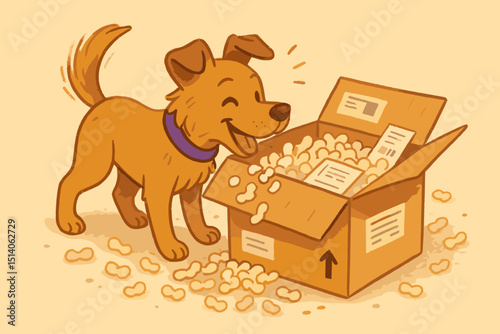 Cute cartoon dog joyfully unboxing a cardboard delivery package filled with packing peanuts. Happy puppy's playful adventure with a new parcel, excited pet discovering contents. Canine curiosity.