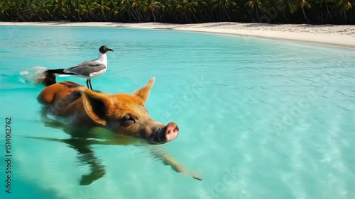 Piggyback Ride Tropical Adventure: Pig Swimming with Seagull Drone Shot