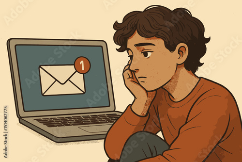 Email notification anxiety. Young person contemplative with laptop. Digital stress. Communication overload. Modern work pressure. Student life. Information fatigue. Online message concern concept.