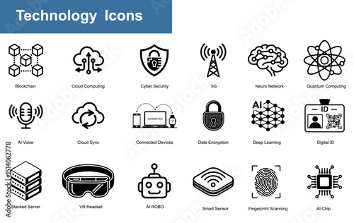 Black and white technology icon set including AI chip, cloud computing, cybersecurity, data encryption, fingerprint scan, ideal for vector design, UI/UX, infographics, transparent background