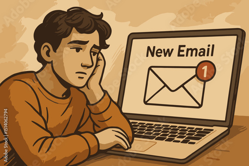 Email overload concept. Tired young man staring at laptop screen with new email notification. Illustrates digital fatigue, workplace stress, burnout, and constant communication pressure.