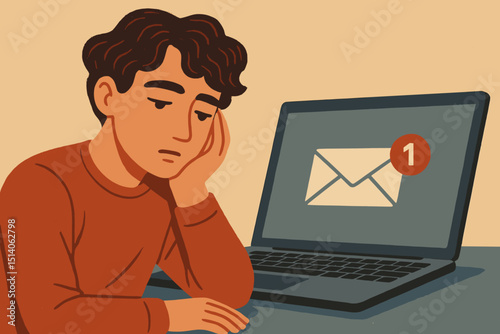 Man tired of email notifications on laptop. Concept of digital fatigue, information overload, communication stress, and procrastination. Contemplative tech moment with unread message.