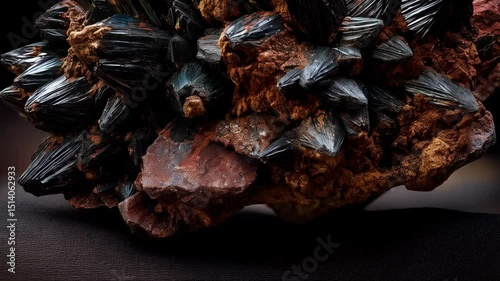 Cluster of shiny black acicular crystals growing on matrix mineral, dark stone setting, close up macro of natural ore sample