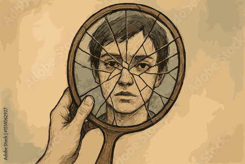 Shattered self-image. Broken mirror reflecting a fractured male face. Concept of identity crisis, mental turmoil, psychological distress, inner conflict, and despair. Hand holding mirror illustration.
