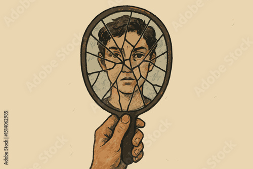 Shattered reflection in broken mirror. Fragmented portrait of youth, concept of identity crisis, mental health issues, low self-esteem. Psychology, inner turmoil, emotional distress, anxiety.