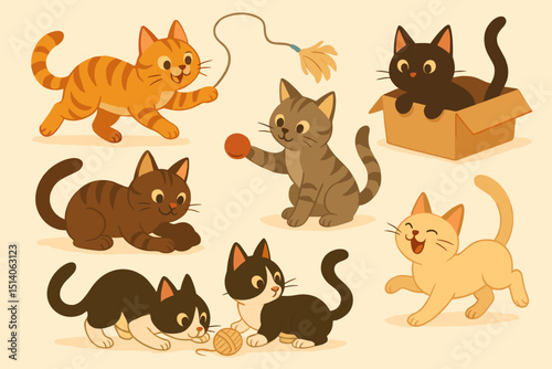 Playful Cats Ensemble: Cute cartoon kittens characters set. Adorable felines playing with toys like ball, yarn, feather wand. Vector illustration of happy domestic pets in vintage style.