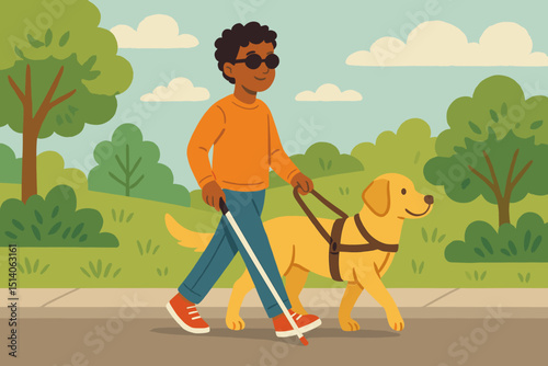 Visually Impaired Man Walking with Guide Dog in Park. Assistance Animal, Disability Awareness, Accessibility, Service Animal, Independence, Guide Dog, Mobility, Confident Journey