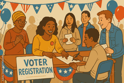Voter registration drive illustration showing diverse community members. People signing up to vote, assisted by volunteers. Civic duty, democracy, elections, and political participation concept.