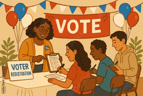 Voter registration drive. Diverse citizens signing up for elections. Civic duty concept. Volunteer assists young adults. Democracy in action. Community engagement illustration. Political process.