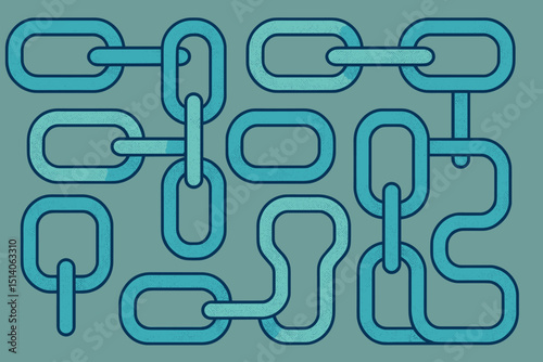 Abstract blockchain technology visualization. Interconnected blue chain links symbolizing secure data network, cryptocurrency, and digital innovation. Modern flat design graphic with texture.