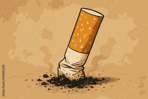 Cigarette butt extinguished, smoldering. Bad habit, nicotine addiction, tobacco danger. Pollution, litter. Health risk. Anti-smoking campaign. Quit smoking. Stop. Vintage sketch style illustration.
