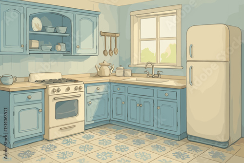 Vintage blue kitchen illustration. Retro home interior design. Classic kitchen appliances, stove, oven, refrigerator. Cozy domestic cooking scene. Nostalgic charm. Pastel color palette. Tiled floor.