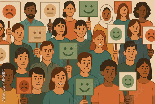 Multicultural people showing emotional reactions with emoticon signs. Concept for customer feedback, public opinion, social sentiment analysis, satisfaction survey. Diverse group, mood display.