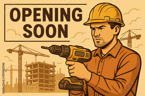 Opening Soon vintage poster design. Construction worker with hard hat and drill at building site. Retro comic style illustration for new business launch, grand opening, or development project.