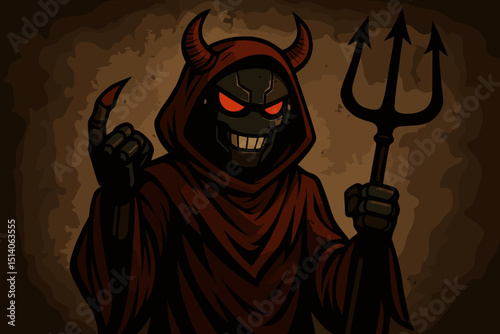 Sinister Devil Robot Mischief with Horns and Trident. Hooded Evil Android Plotting Revenge. Robotic Demon Character Design. Dark Sci-Fi Villain. Mechanical Satan.
