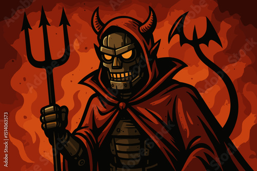 Robot devil illustration, sinister AI cyborg demon with horns and trident. Mischievous mechanical monster in red cloak, hellfire background. Evil technology character, satanic Halloween graphic art.