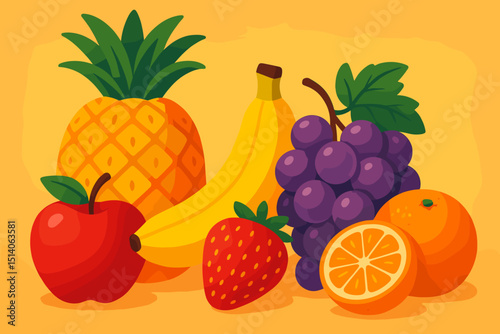 Vibrant fruit arrangement illustration featuring pineapple, apple, banana, strawberry, grapes, and orange. Colorful healthy eating concept for fresh food, diet, and nutrition. Vector graphic.