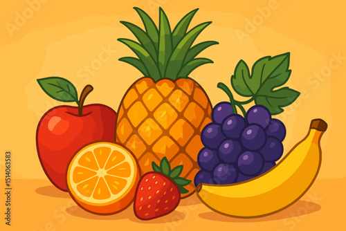 Vibrant fruit assortment illustration. Fresh pineapple, apple, orange, strawberry, grapes, banana. Healthy eating, natural food, vitamins concept. Summer harvest, tropical fruits vector graphic.