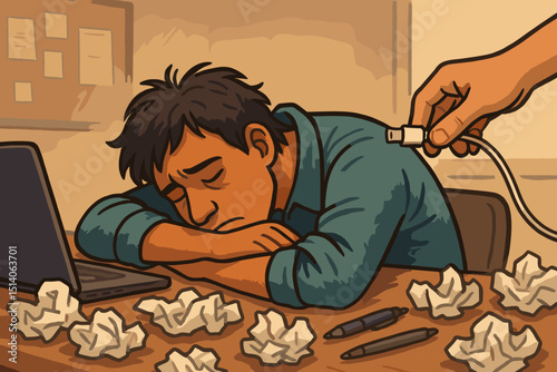 Exhausted Office Worker Drained of Energy. Man Sleeping at Desk with USB Cable Recharge. Burnout. Deadline Stress. Crumpled Paper. Fatigue. Overworked. Sleep Deprived