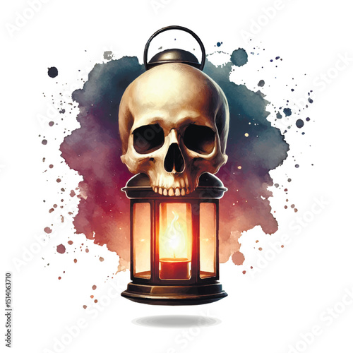 Dark fantasy 3d pattern illustration of a skull placed on a burning lantern with glowing light and grunge watercolor splashes in background. Modern mysterious isolated design on white.