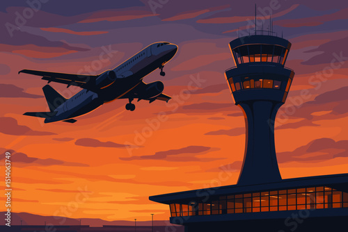 Jetliner takeoff airport dusk. Airplane ascending air traffic control tower. Aviation transport concept. Sunset sky illustration. Commercial flight travel journey. Departure terminal. Modern aircraft.