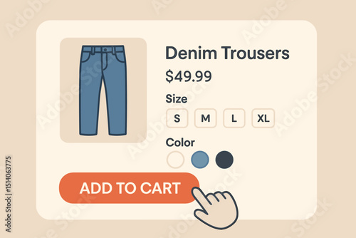 Online shopping for denim trousers. E-commerce product page interface with jeans, price, size selection, color options, and 'Add to Cart' CTA button. Fashion retail website concept. UI/UX.
