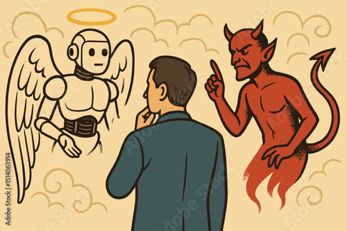 AI ethics dilemma concept. Businessman facing moral choice, angelic robot and evil devil. Artificial intelligence, good vs evil, conscience, technology temptation, future decision vector art.