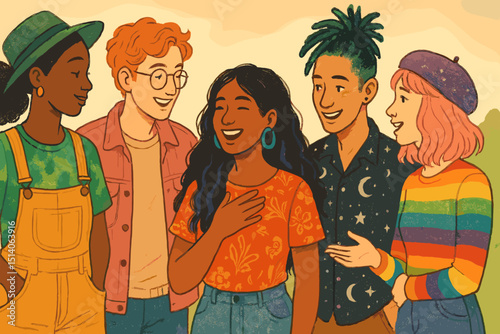 Diverse group of young adult friends laughing together. Multicultural community, inclusion concept. Happy youth communication. Friendship, bonding, support. Trendy illustration, vector art.