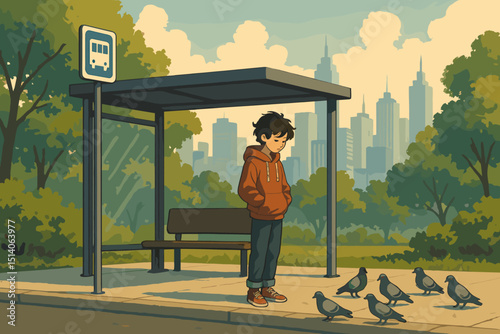 Boy at bus stop. Reflective, pensive mood. Lonely kid, urban solitude. Pigeons, city park, cityscape backdrop. Public transit, waiting. Contemplation, melancholy. Nostalgic illustration.