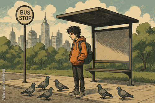 Young person waiting at city bus stop, reflective mood. Urban scene with student, backpack, pigeons, and skyline. Hand-drawn illustration style. Public transport, daily commute concept.