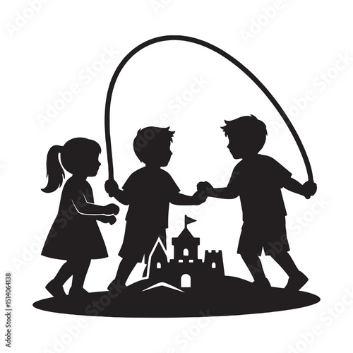 Playful Silhouettes of Children Skipping Rope and Building Sandcastles, Illustrating Childhood Joy and Summer Fun on a Beach or Playground