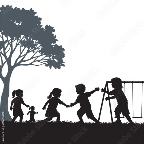 Dynamic Silhouettes of Happy Children Playing Outdoors in a Park with a Ball, Swings, and a Large Tree, Depicting Active Childhood and Summer Fun