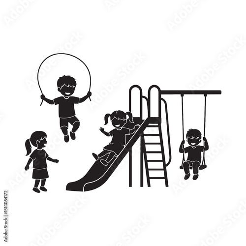 Lively Silhouettes of Happy Children Playing Actively at a Playground, Featuring Kids on a Slide, Swings, and Jumping Rope, Illustrating Childhood Fun and Outdoor Recreation