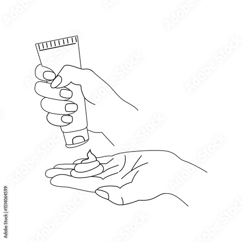 Minimalist line art of hands applying cream. Perfect for themes of skincare, moisturizing, beauty routine, hygiene, cosmetic use, and self-care in vector format.
