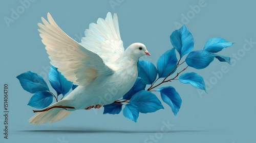 Elegant White Dove in Flight with Blue Leaves Symbolizing Peace and Natures Harmony
