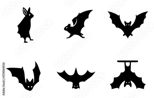 A collection of silhouetted bats, evoking a sense of Halloween and the eerie nighttime. Each bat silhouette depicts a unique pose and adds to the mysterious and spooky atmosphere.