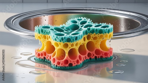 Multicolored sponge with teal, yellow, and pink layers sits wetly near a shiny metal bowl photo