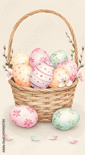 Easter basket filled with colorful eggs