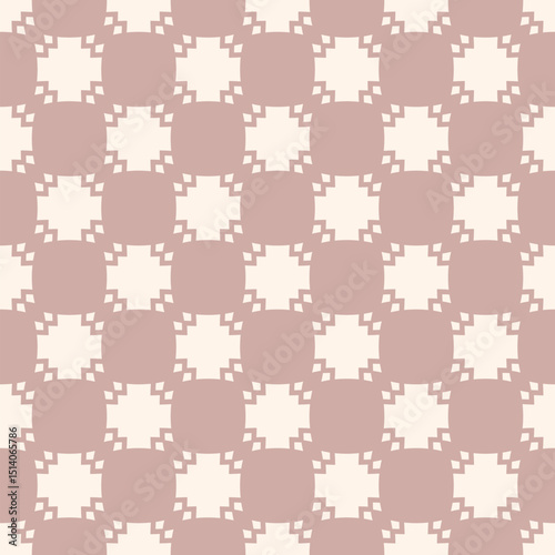 Simple vector geometric ornament. Abstract seamless pattern with checkered surface, squares, flower silhouettes. Stylish soft pink background. Elegant repeated design for decor, carpet, textile, linen
