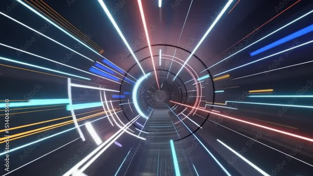 Futuristic blue tunnel with speed motion blur and glowing circular patterns